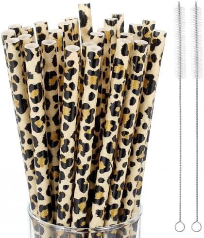 Zopeal 25 Pcs Reusable Leopard Straws with Cleaning Brushes, Light Yellow by Zopeal