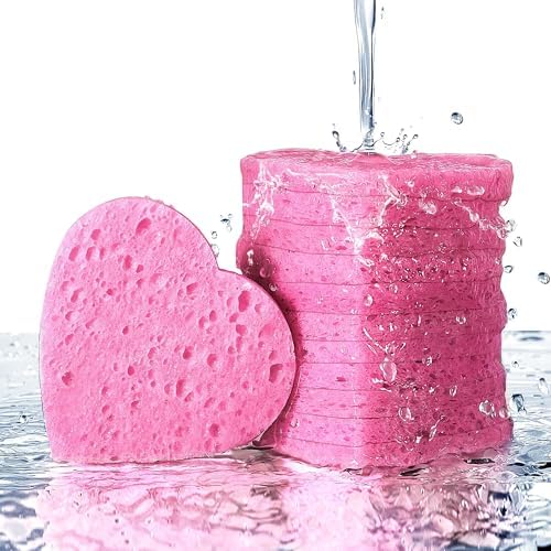 GAINWELL 50-Count Heart Shape Compressed Facial Sponges for Daily Facial Cleansing and Exfoliating, 100％ Natural Cosmetic Spa Sponges for Makeup Remover by GAINWELL