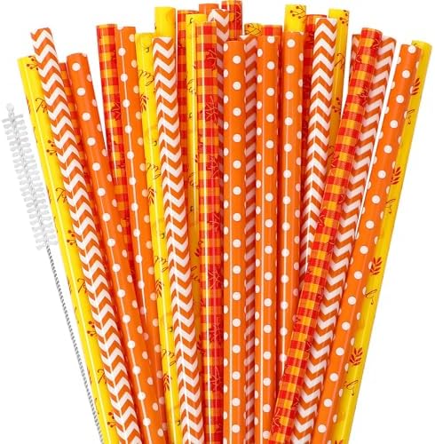 JANYUN 30 Pieces Fall Straws, 9inch Hard Platic Reusable Thanksgiving Drinking Straws Autumn Maple Leaf Pumpkin Straw for Family Party Favors Supplies Cleaning Brush (Orange & Yellow) by JANYUN