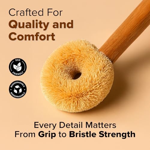 Coconut Fiber Dish Brush with Handle – Natural Dish Scrubber Brush for Kitchen Sink & Pots – Eco-Friendly Dish Cleaning Brush with Built-in Scraper, Sink Scrubber, and pan Cleaning Brush - Image 7
