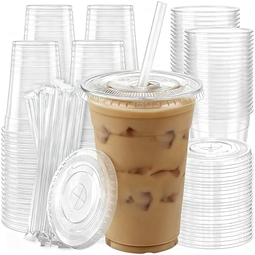100 Pack 16 oz Plastic Cups with Lids and Straws, Clear Disposable Plastic Cups, Heavy Duty Iced Coffee Cups with Leak-Resistant Lids, Cold Drink Cups for Smoothies, Juice, Soda & Party To Go by Unknown
