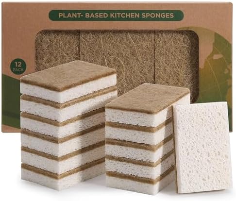 Natural Sponges for Dishes 12 Pack - Keep Soap Biodegradable Kitchen Sponge Compostable Coconut Scrubber - Eco Friendly Cleaning Sponges by CleanKitchensHappyCooks
