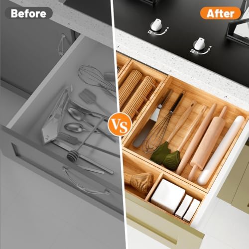 Bamboo Drawer Organizer, 10-Piece Stackable Trays with Removable Dividers - Image 5