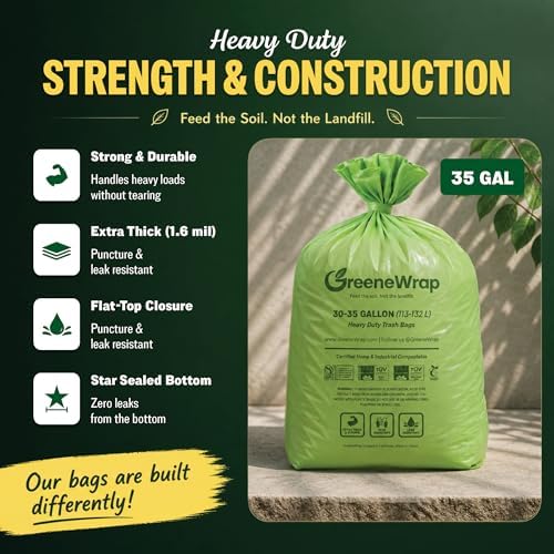 30-35 Gallon Compostable Trash Bags with Flat Top, 20 Count, Heavy Duty 1.6 Mil, Large Outdoor Yard Waste Bags, BPI Certified, ASTM D6400, Compostable Garbage Bags, Fits 30 33 35 Gallon - Image 4