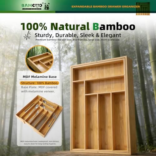 BAMOTTO CRAFTBAMBOO Expandable Bamboo Drawer Organizer for Kitchen, 8 Slot - Image 6
