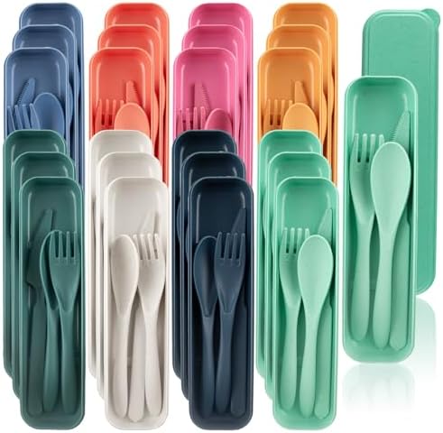 24 Sets Reusable Travel Utensils Set with Case, Wheat Straw Portable Knife Fork Spoons Cutlery, Eco-Friendly BPA Free Plastic Tableware for Kids Adults Travel Picnic Camping Utensils (8 Colors) by Unknown