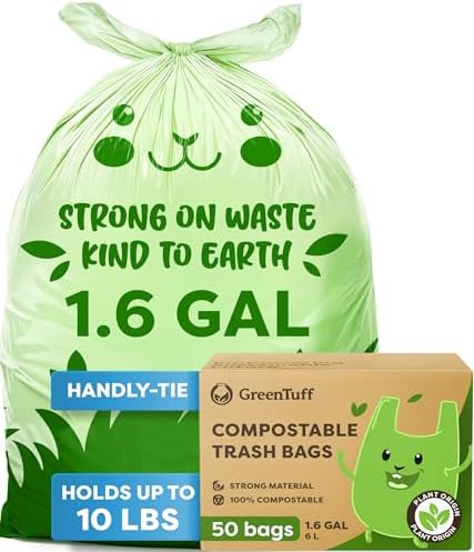 1.6 Gallon Compostable Trash Bags for Bathroom (50 Count) — Small Food Scrap & Bathroom Bin Liners — Thick 0.7 Mil Leak-Resistant Plant-Based Bags — ASTM D6400 BPI Certified by WhereResponsibilityGetsFun