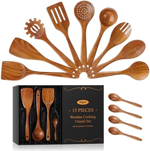 KLYRO 13 Pcs Wooden Cooking Utensil Set with Gift Box – Natural Wooden Spoons for Cooking & Serving, Nonstick Friendly, Perfect Housewarming & Holiday Gift by KLYRO