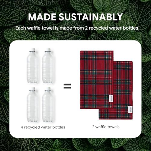 RECYCO Christmas Waffle Kitchen Towel Set of 2 - Quick Dry Microfiber Sustainable Dish Towels - Ultra Absorbent Reusable Cleaning Tea Towels - Lightweight Hand Towels,16”x 28”, Stewart Plaid Red - Image 5