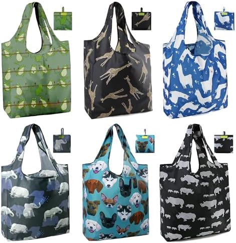 BeeGreen Animal Reusable Shopping Bags Cute Grocery Bag 6 Pack, Christmas Gift Bags Heavy-Duty Foldable Shopping Totes for Supermarket, Work & Travel, Large Washable Polyester Tote Bag with Handles by BeeGreen