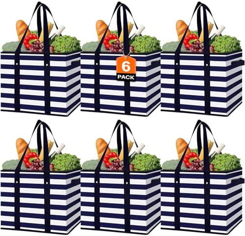 Reusable Grocery Bags 6 Pack, Foldable & Water Resistant Shopping Bags by WiseLife