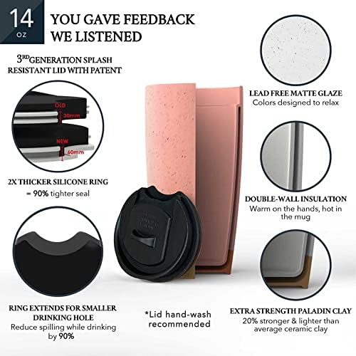 Mora Double Wall Ceramic Coffee Travel Mug with Lid, 14 oz, Portable, Microwave, Dishwasher Safe, Insulated Reusable Tall Cup, Splash Resistant Lid - To Go Tumbler for Car Cup Holder, Pink Salt - Image 4