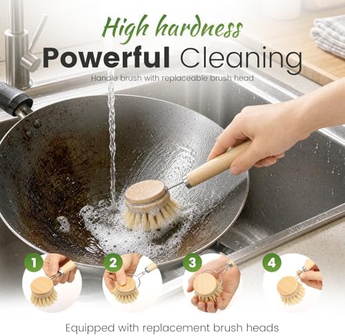 Bamboo Dish Brush Set, Natural Sisal Kitchen Scrubber for Plate Glass Bottle Frying Pan Reusable Wooden Washing up Brush with Replacement Head No Plastic 5 Pack - Image 3