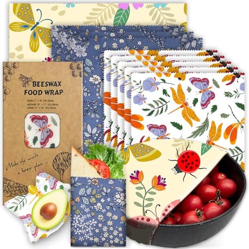 Beeswax Wrap, Beeswax Wraps For Food, Organic, Sustainable, Beeswax Food Wrap for Sandwich Storage, Reusable Beeswax Food Wrap 1L, 5M, 3S Butterfly Patterns Beeswax Paper, 9 Pack Set by PICcircuit