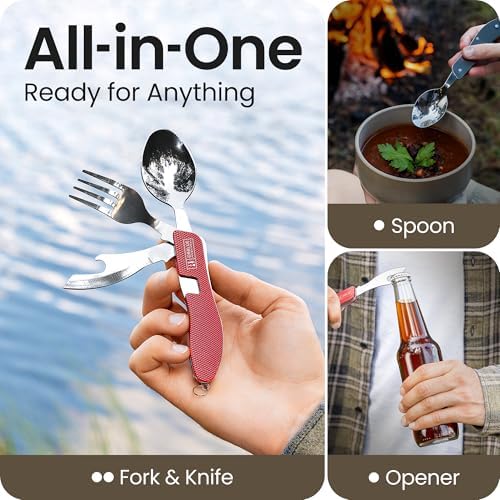 Orblue 4-in-1 Camping Eating Utensils, 2-Pack - Portable Spoon, Fork, Knife & Bottle Opener Combo Set - Stainless Steel Flatware with Detachable Fork - Travel, Backpacking Cutlery Multitool, Red - Image 2