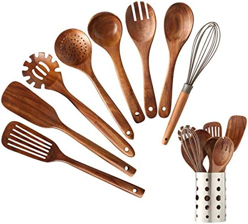 Wooden Kitchen Utensils Set with Holder, NAYAHOSE 9 Pcs Teak Wood Spoons for Cooking Spatula Set with Stainless Steel Storage Barrel by NAYAHOSE
