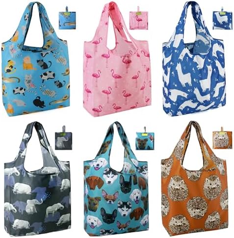 BeeGreen Shopping Bags Cloth Grocery Bags Foldable Travel Bag Tote Bags Bulk - Reusable Gift Bags with Handles (6 Pack) - Heavy Duty Large Washable Animal Holiday Design for Women Travel & Groceries​ by BeeGreen