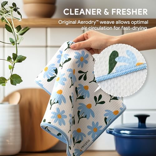 RECYCO Waffle Kitchen Towel Set of 2 - Quick Dry Microfiber Sustainable Dish Towels - Ultra Absorbent Reusable Cleaning Tea Towels - Lightweight Hand Towels,16”x 28”, Daisy Dreams - Image 5