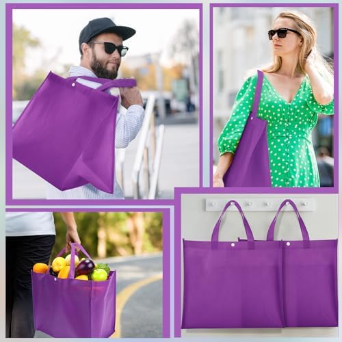 Zhehao 60 Pcs Reusable Grocery Shopping Bags Large Foldable Gift Tote Non Woven Fabric Bags with Handle and Plastic Button for Birthdays, Bridesmaids, Party Favors, 15 x 9.5 x 13 Inch (Purple) - Image 6