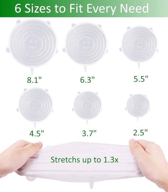 altCookingHub Silicone Stretch Lids, 6-Pack of Various Sizes, BPA Free, No Filler, Leakproof Reusable Silicone Lids for Various Shapes of Containers and Food Covers