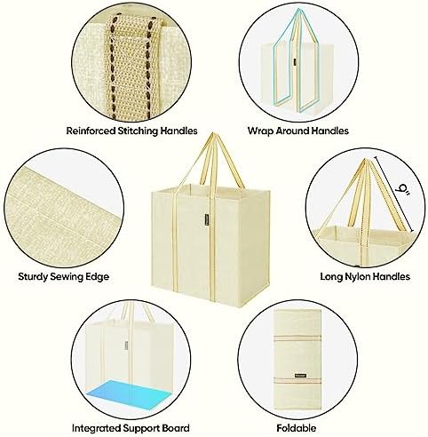BALEINE 4 PK Grocery Bags Reusable Shopping Bags with Reinforced Bottom, Heavy Duty Foldable Tote Bags (Beige) - Image 3