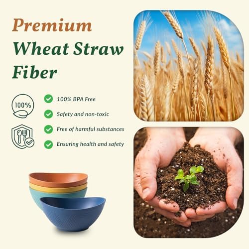 Homienly Wheat Straw Bowls Unbreakable Cereal Bowls 26 OZ Serving Bowls for Snack, Dessert, Dinner, Soup, Rice Microwave and Dishwasher Safe Bowls Set for Kitchen, Party, Dorm, RV (4 PCS Multi) - Image 3