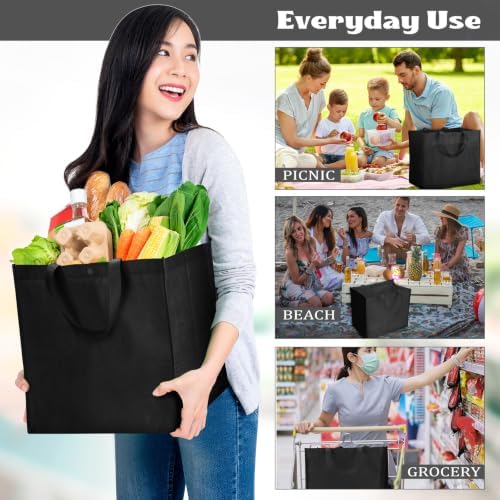 Zhehao 60 Pcs Reusable Grocery Bags Bulk Large Foldable Shopping Tote Bags Non Woven with Handle and Plastic Button(Black) - Image 2