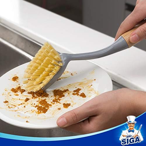 MR.SIGA Dish Brush with Bamboo Handle Built in Scraper, Pack of 2 - Image 2