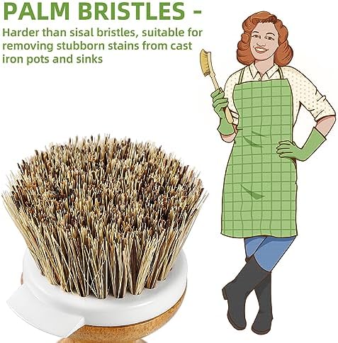 Bamboo Dish Brush,Sisal Brush with Scraper,2 Pack with Ceramic Holder - Image 2