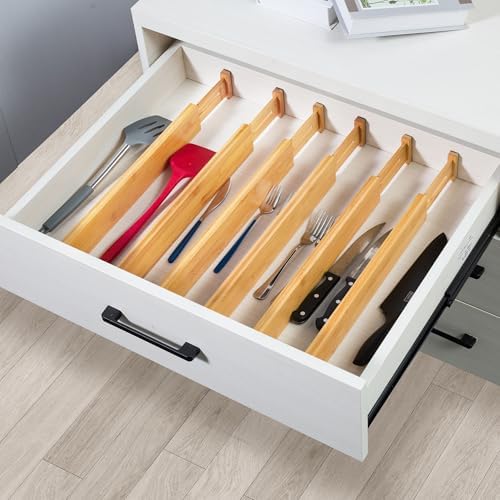 VaeFae 12-Pack Adjustable Bamboo Drawer Dividers, Expandable Drawer Organizer for Kitchen Utensils, Clothes, Bathroom, Office – Fits Drawer Interiors 16.6" to 21.8" - Image 7