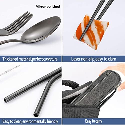 Portable Reusable Travel Utensils Silverware with Case,Travel Camping Cutlery set,Chopsticks and Straw, Flatware Cutlery with Case, Stainless steel Utensil set Top (Black) - Image 6