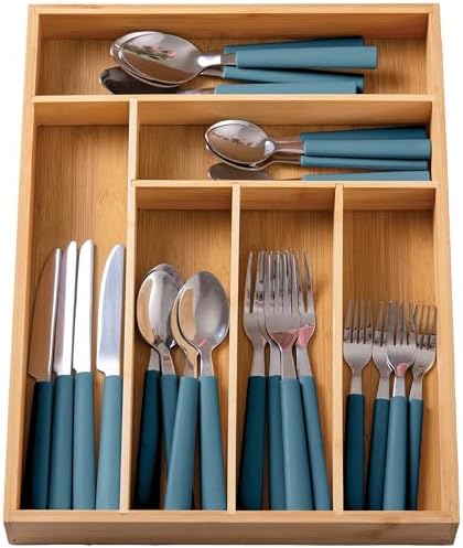 COOK WITH COLOR Bamboo Kitchen Utensil Set with Drawer Organizer | Cooking Tools and Storage Caddy, Blue, 25 Piece Cutlery Set by CookwithColor