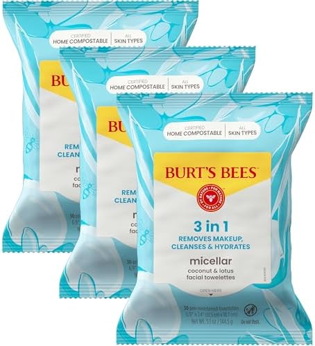 Face Wipes, Burt's Bees Facial Cleansing, Makeup Remover Towelettes, 3 in 1 Hydrating Micellar Cleanser with Coconut & Lotus Water, 90 Count (Packaging May Vary) by BurtsBees