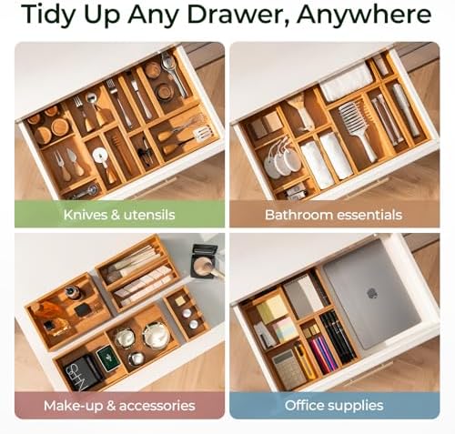 keechee 10-Piece Bamboo Drawer Organizer Set, 2.2" Deep Multi-Use Organizers for Utensils, Silverware, Cutlery, Desk, Bathroom, Junk Drawer & Makeup, Non-Slip Feet Included. - Image 4