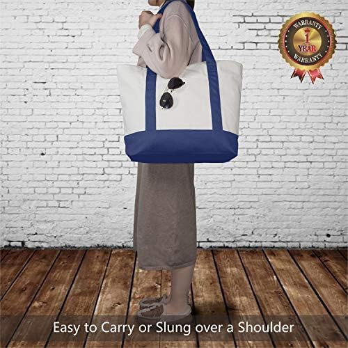 TOPDesign 6-Pack Canvas Tote Bags with an External Pocket, Reusable Grocery Shopping Bags, Top Zipper Closure, Daily Essentials (Blue/Natural) - Image 2