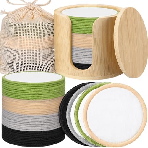 Foaincore 40 Pcs Reusable Makeup Remover Pads with Mesh Storage Bag and Bamboo Box Washable Bamboo Cotton Rounds Soft Reusable Face Pad for Toner Skin Various Skin Care Products(Integrated Color) by Foaincore