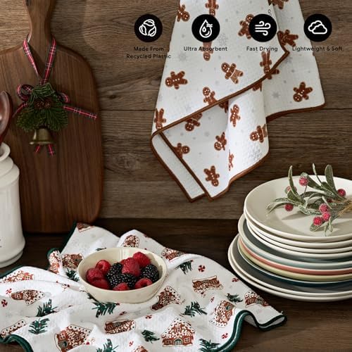 RECYCO Christmas Waffle Kitchen Towel Set of 2 - Quick Dry Microfiber Sustainable Dish Towels - Ultra Absorbent Reusable Cleaning Tea Towels - Lightweight Hand Towels,16”x 28”, Gingerbread Joy - Image 2