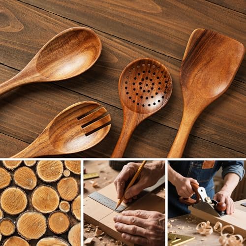8 Pcs Teak Wooden Utensil Set, Wooden Spoons & Spatula for Cooking - Image 5