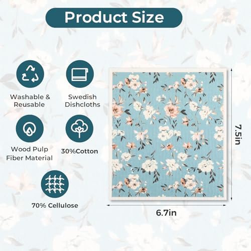 wlich 5 Pack Swedish Dishcloths, Reusable Kitchen Towels with Clips, Plant - Image 4