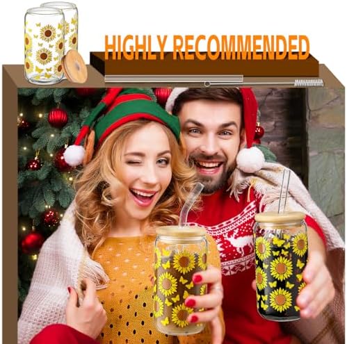 DWTS DANWEITESI Glass Cups with Lids and Straws with Design Sunflower 4 pcs,Clear Glass Cups 16 oz-Drinking Glasses Set,Glass Tumbler,Cute Design Glass Iced Coffee Cups with Lids and Straws 480ml - Image 6