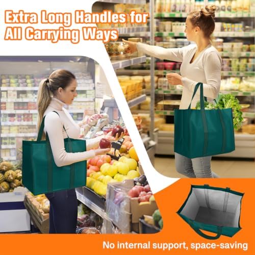 WISELIFE Reusable Grocery Bags, Foldable, Lasting Use, 35L, 3 Pack, Green - Image 3