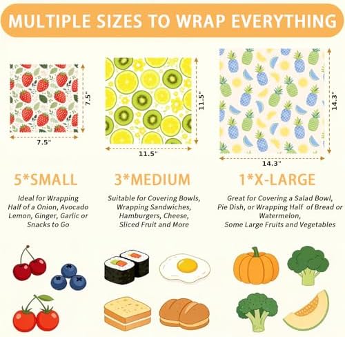 Reusable Beeswax Wraps, Strawberry Lemon Pineapple Wraps, 9 Pack Sandwich, Bowl, Bread, Eco-Friendly, Organic, Sustainable, Zero Waste, Plastic-Free, 1XL, 3M, 5S - Image 2