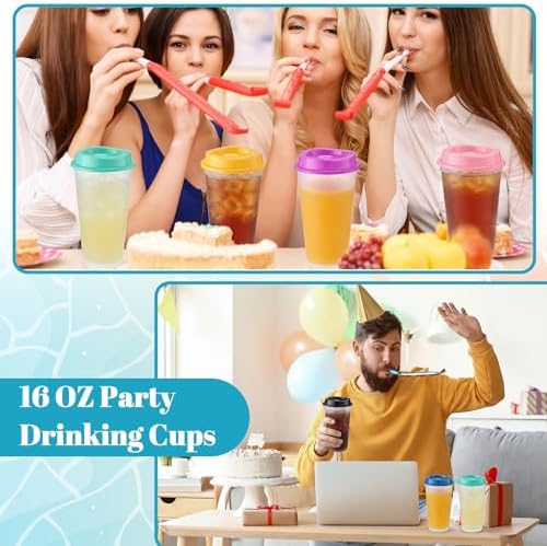 Honeydak 45 Pack 16 oz Reusable Coffee Cups with Lids Water Bottle Iced Coffee Travel Mug Portable Plastic Tea Tumblers Bulk for Hot and Cold Drinks Birthdays Party (Clear with Colors Lid,Classic) - Image 5