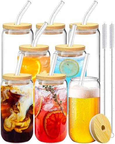 WISIMMALL Drinking Glasses with Bamboo Lids and Glass Straw 8PCS Set, 16oz Glass Cups with Lids and Straws, Beer, Iced Coffee Glasses, Soda, Gift 2 Cleaning Brushes by WISIMMALL