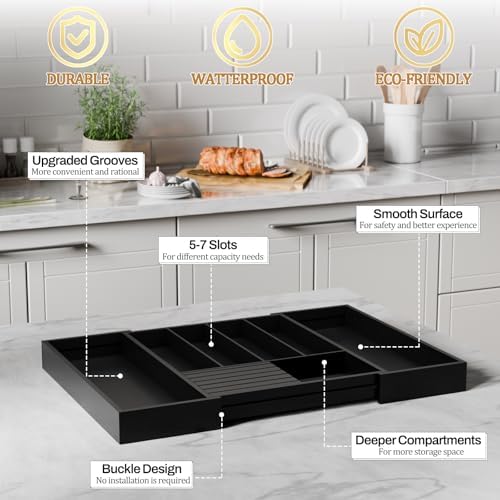 Bamboo Kitchen Silverware Drawer Organizer - Expandable Wood Utensil Holder with Dividers, Luxury Cutlery Storage Tray for Kitchen Utensil and Flatware (5-7 Slots with Removable Knife Block, Black) - Image 5