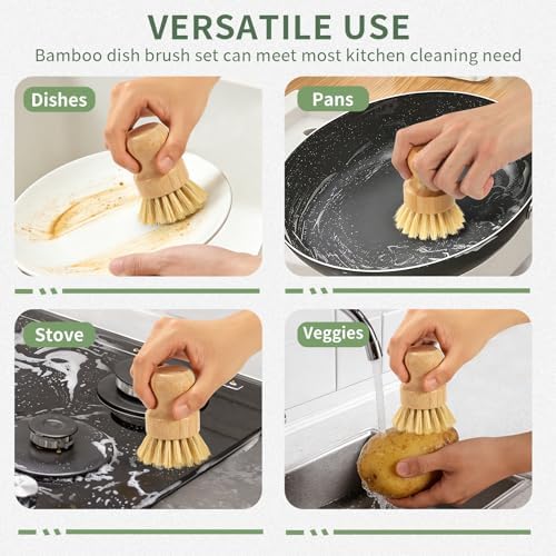 6 PCS Bamboo Dish Brush Set - Natural Scrub Brush for Dish with Tray and Drain Holder, Wooden Dish Scrubber for Kitchen Cleaning Dishes, Pots, Pans and Vegetables (6) - Image 6
