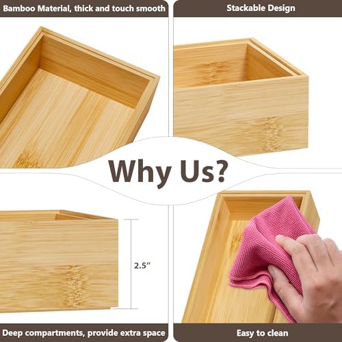 Kitchen Drawer Organizer Bins, Stackable Bamboo Deep Drawer Organizer for Silverware, Utensils, Cutlery, Flatware, Junk Drawer, Dresser, Bathroom, 14" x 5" x 2.5" (Set of 2) - Image 5