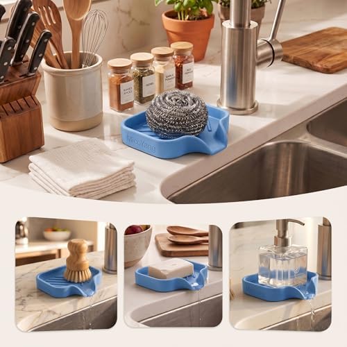 MicoYang Silicone Soap Dish with Drain Spout, Self-Draining Sink Organizer Tray for Bathroom & Kitchen, Sponges, Dispensers & Soap Holder, Non-Slip & Dishwasher Safe, Lichen Blue (Compact, 4.9"×3.2") - Image 3