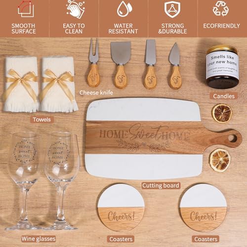 House Warming Gifts New Home – Marble & Acacia Wood Cheese Board, 4 Cheese Knives, Candle, 2 Wine Glasses, 2 Coasters, Greeting Card – Home Sweet Home Gift for Couples, Friends, New Homeowners - Image 5