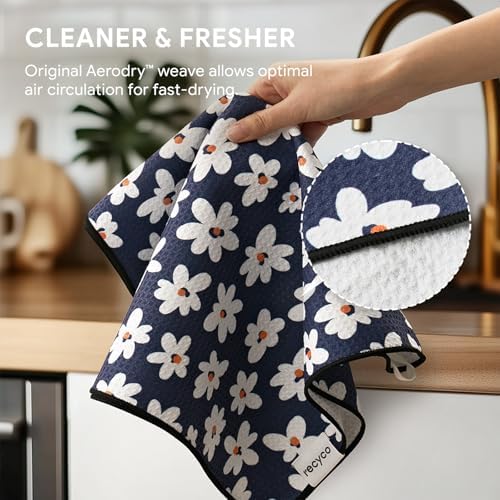 RECYCO Waffle Kitchen Towel Set of 2 - Quick Dry Microfiber Sustainable Dish Towels - Ultra Absorbent Reusable Cleaning Tea Towels - Lightweight Hand Towels,16”x 28”, Whimsy Petals - Image 5